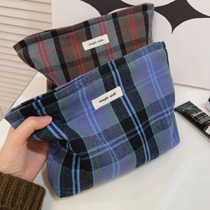 British plaid cotton makeup bag in blue and brown checkered patterns for women