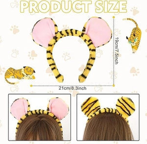 Detailed size chart for plush tiger ear headband with dimensions and model display