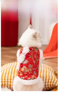 Detailed back view of a red Chinese New Year cat vest with embroidery and D-ring