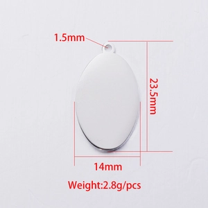 Polished oval stainless steel pendant tag with dimensions 23.5x14mm and 1.5mm hole