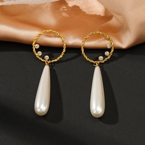 14K gold plated twisted hoop earrings with teardrop pearl and crystal accents