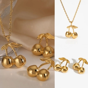 Stainless Steel Cherry Shape Necklace And Earrings Jewelry Gold Plated Elegant Fruit Design Women Fashion Jewelry