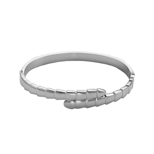 Macro detail of the silver segmented snake scale design bracelet with polished finish
