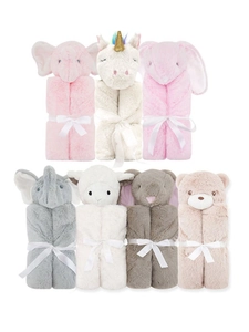 Set of seven plush hooded baby blankets with animal designs tied in white silk ribbons