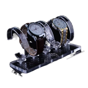 Three-tier acrylic watch display stand with black base and transparent C-type holders
