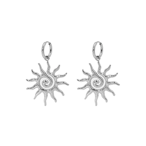 Polished silver stainless steel sun pendant earrings with a modern hammered spiral design