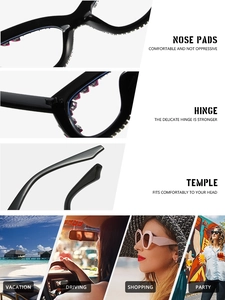 Detailed views of reinforced hinges and ergonomic temples on oversized rhinestone glasses