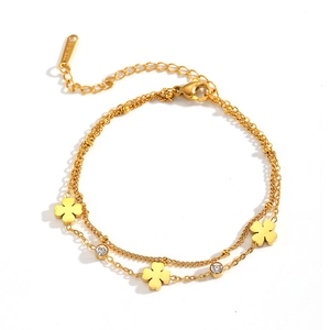 Bracelet double rang en acier inoxydable doré avec trèfles et zircons scintillants