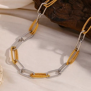Bicolor Necklace Stainless Steel 18K Gold Plated Paperclip And Twisted Rope Mixed Link Geometric Fashion Jewelry For Women
