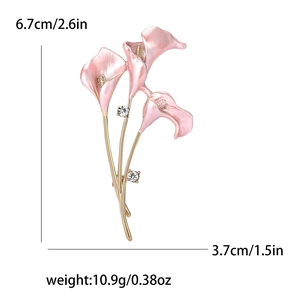 Detail showing tulip enamel brooch dimensions 6.7cm by 3.7cm and weight 10.9g