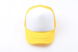 Close-up of a yellow and white trucker hat with breathable mesh and curved brim details