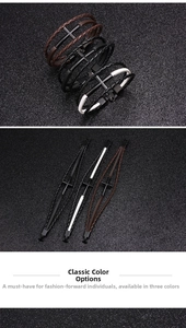 Close-up of multilayer braided leather bracelets with metallic cross charms in three colors