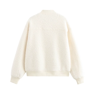 Minimalist cream white sherpa fleece flight jacket with classic ribbed bomber collar and cuffs