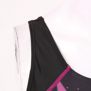 Women's backless athletic swimsuit with purple stitching and abstract print details