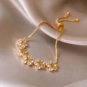 Star Flower Zircon Bracelet Gold Plated Copper Adjustable Slide Buckle Dainty Jewelry For Women