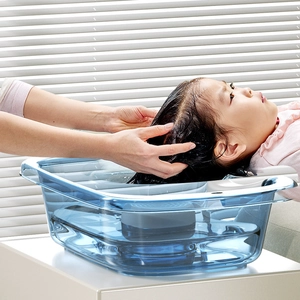 Portable blue transparent hair washing basin with ergonomic neck support for home bed use
