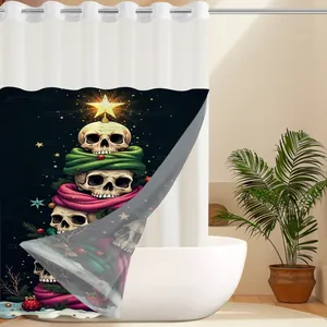 Detail eines wasserdichten Duschvorhangs mit kreativem Totenkopf-Weihnachtsbaum-Print
