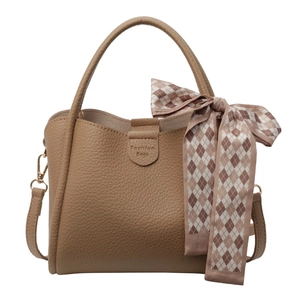 Brown litchi texture bucket bag with top handle, silk scarf and detachable shoulder strap