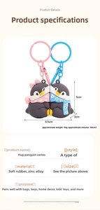 Detail specifications of cute magnetic penguin keychains in pink and blue soft PVC