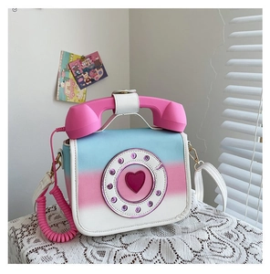 Creative retro telephone-shaped crossbody bag with gradient pink and blue PU leather