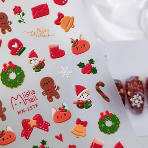 3D Christmas nail stickers MN-157F featuring gingerbread man and festive holiday motifs