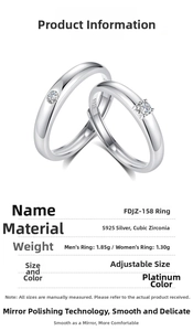 Detailed spec sheet showing S925 sterling silver couple rings with adjustable size