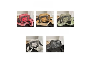Selection of transparent PVC crossbody bags with colorful envelope inner pouches and wide straps