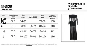 Size chart detail for elegant off-shoulder mesh sleeve dress showing measurements in cm