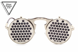 Close-up of silver metal frame pinhole glasses Model C10 for vision training