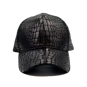 Classic black baseball cap featuring premium crocodile skin texture and polished finish