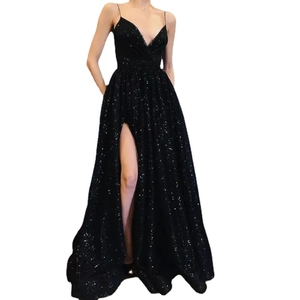 Elegant black sequin evening gown with spaghetti straps, V-neck, and high slit detail