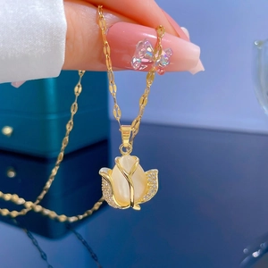Luxurious gold tulip pendant necklace with opal stone and sparkling zircon details