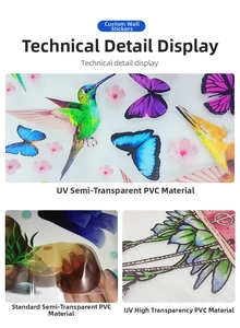Detailed comparison of UV semi-transparent and high-clear PVC stickers with hummingbird motifs