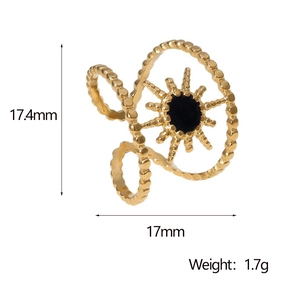 Detailed dimensions and weight of the gold sunburst open ring with black disc center