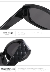 Detail view of oval sunglasses with firm hinge and black woven texture temples