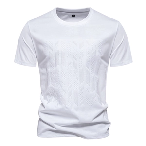 Close-up of white slim fit T-shirt featuring geometric textured embroidery and S size tag