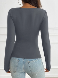 Back view of a slim fit dark grey long sleeve Y2K top with round neck for women
