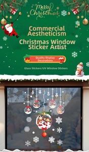 Detailed view of Christmas window stickers featuring snowman, snowflakes and festive ornaments