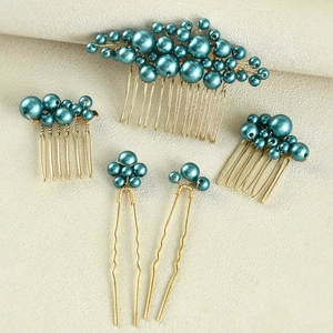 Detailed set of 5 bridal hair combs and pins with teal pearls on gold wire bases