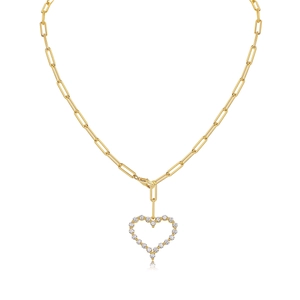 Golden 925 sterling silver paperclip chain necklace with a sparkling heart pendant charm