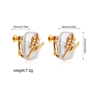 Detail showing dimensions of gold flower clip-on earrings with baroque pearls and measurements