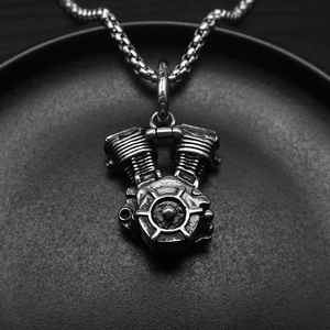 Punk hip hop V-twin engine pendant necklace made of vintage silver stainless steel