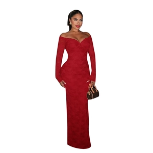 Elegant red lace off-the-shoulder long sleeve bodycon dress with fishtail hemline
