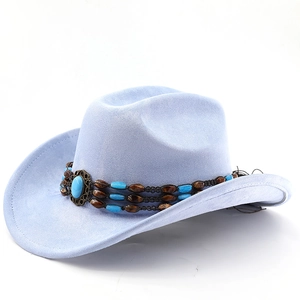 Close-up of light blue suede cowboy hat with turquoise beads and ethnic style hatband