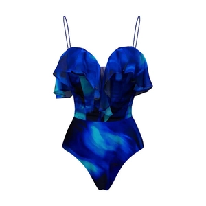 Maillot de bain une pièce à imprimé bleu abstrait avec col en V à volants et bretelles
