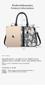 Detailed size chart of floral print handbag with dimensions 31x13x23cm and golden hardware