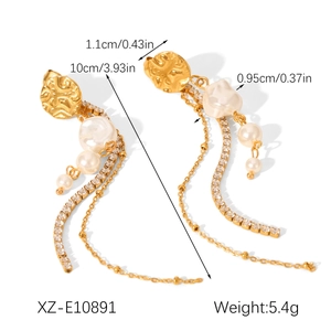 Detail view of 10cm long gold drop earrings with pearls, rhinestones and dimensions