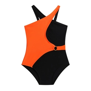 One-piece girls swimwear in orange and black with side cutout and golden ring detail