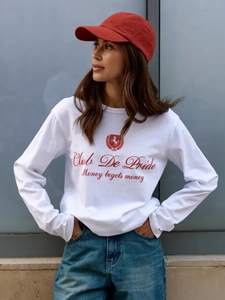 Γυναικείο Βαμβακερό Μακρυμάνικο T-Shirt Αμερικάνικο Ρετρό Γράμματα Εκτύπωση Hiphop Χαλαρή Στρογγυλή Λαιμόκοψη Streetwear