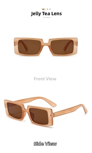 Detail view showing jelly tea rectangle sunglasses frame and matching tinted lenses